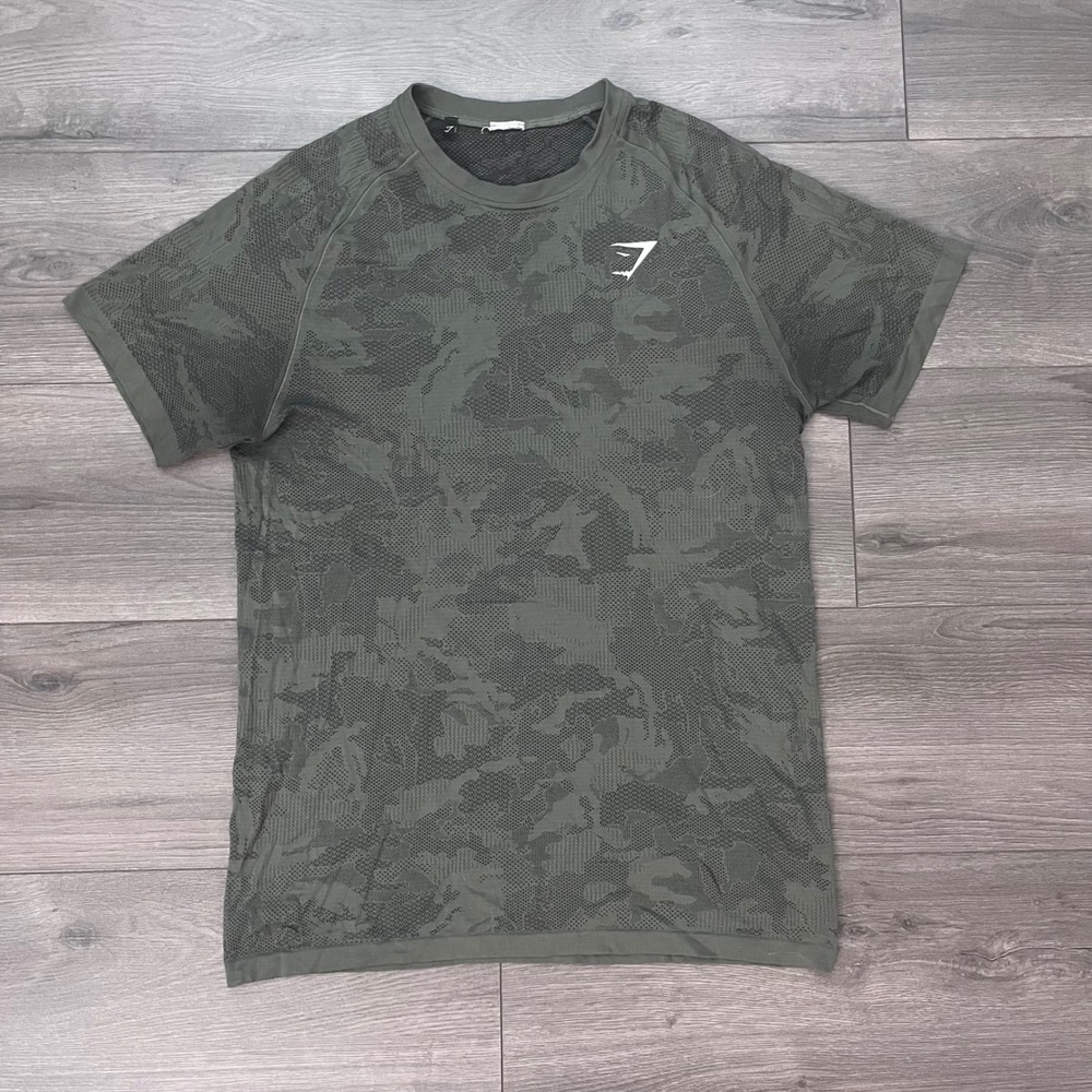 Gymshark Mens Apex Seamless T-Shirt Dark Green Camo Short Sleeve Gym Top Size M